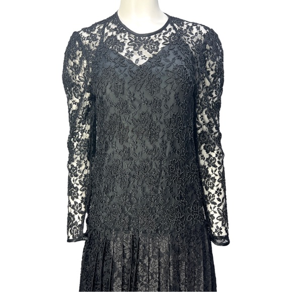 VTG 90's NANCY JOHNSON Black L/S Beaded Pleated Gothic Dress w/ Under Dress Sz 8 - Picture 2 of 16